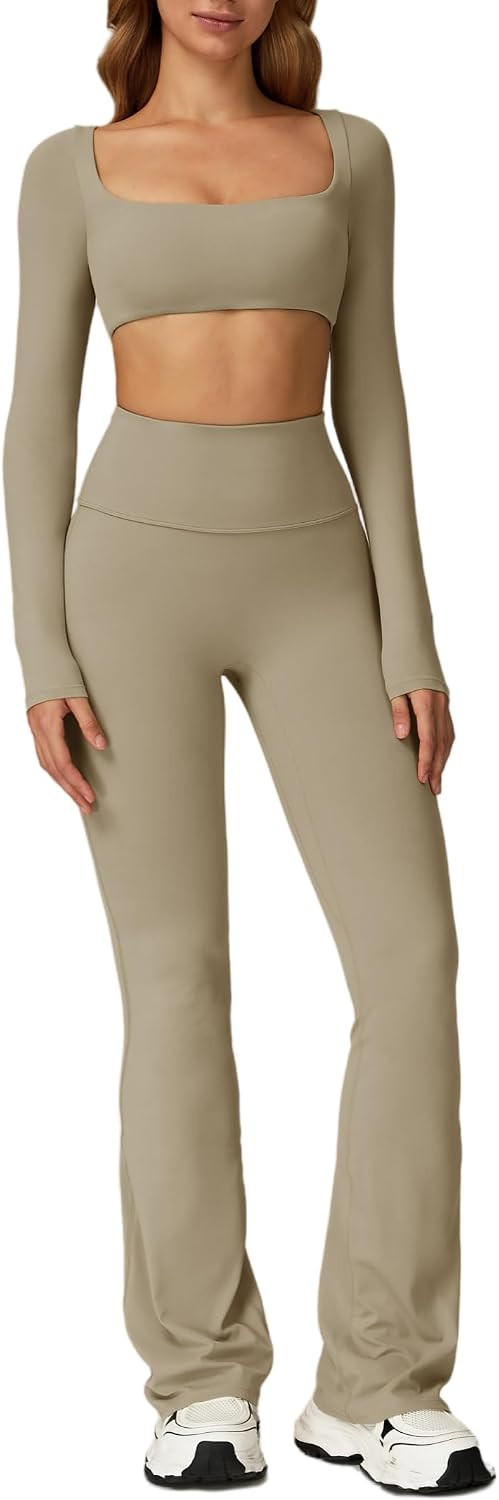 ABOCIW Workout Sets for Women 2 Piece Square Neck Long Sleeve Crop Tops High Waist Flared Leggings Gym Sets | Amazon (US)