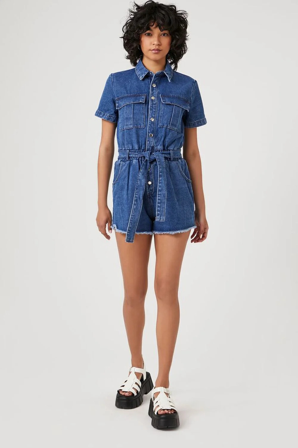 Belted Short-Sleeve Denim Romper | Forever 21 (US)