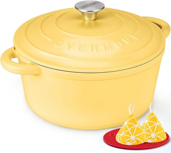 Overmont Enameled Cast Iron Dutch Oven - 5.5QT Pot with Lid Cookbook & Cotton Potholders - Heavy-... | Amazon (US)
