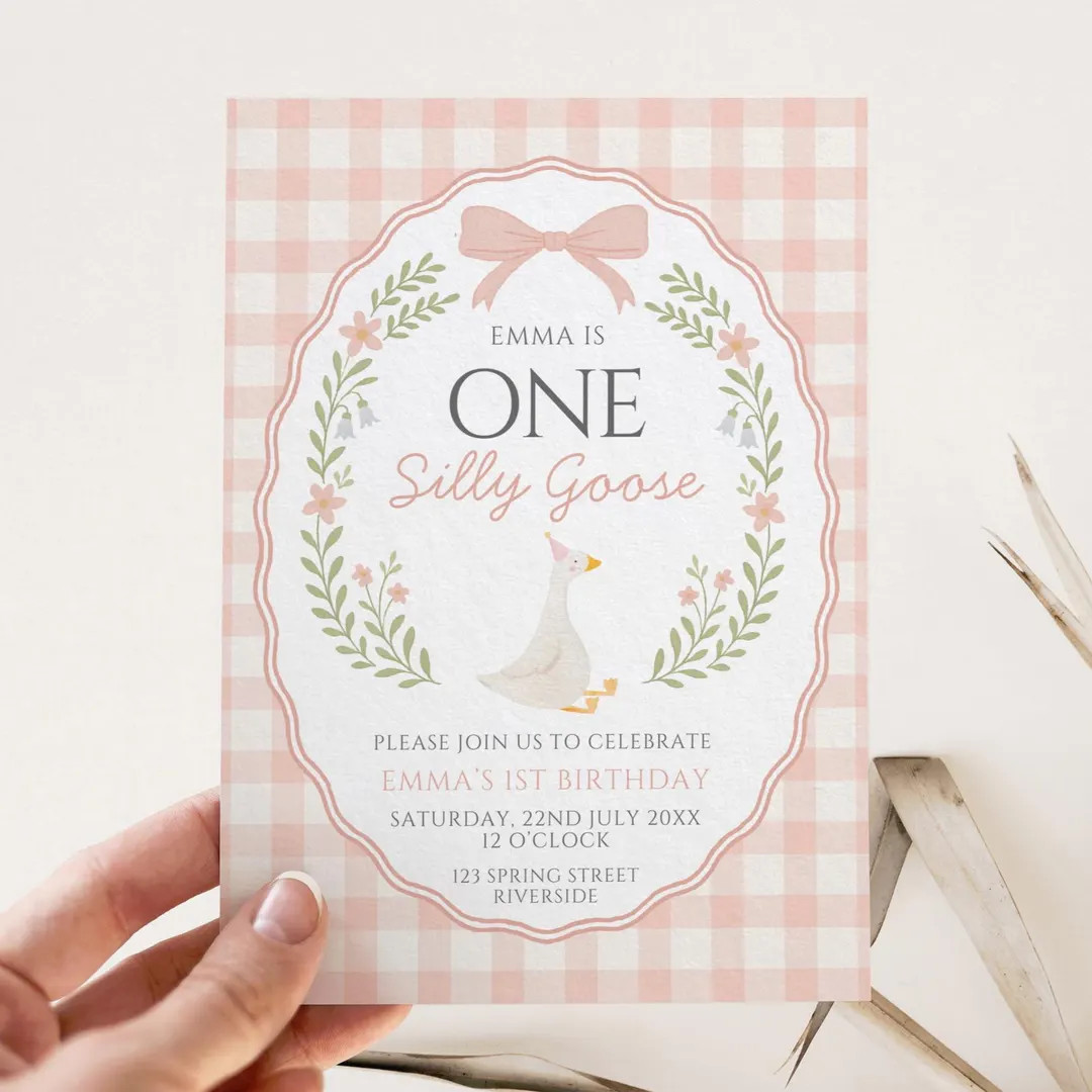 One Silly Goose First Birthday Invitation, Editable Template, Pink Gingham Goose Party Invite, Vi... | Etsy (US)