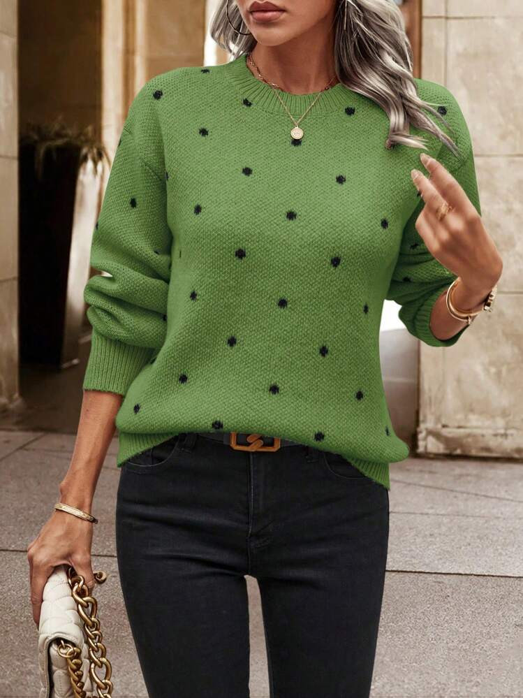 Women's Casual Loose Polka Dot Pattern Drop Shoulder Sweater, Autumn | SHEIN