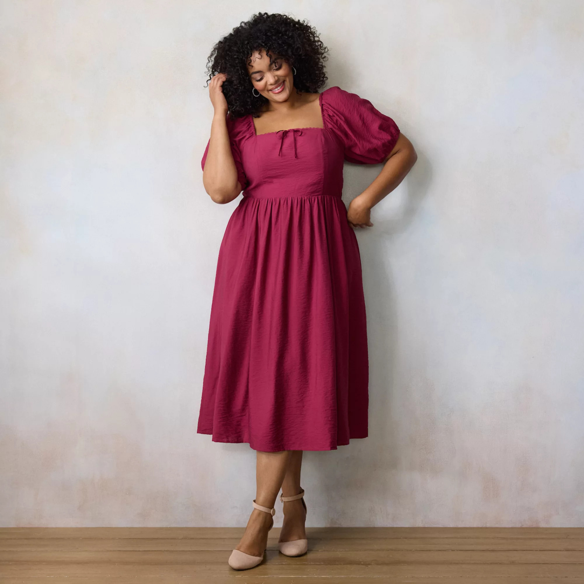 Plus Size LC Lauren Conrad Puffed Sleeve A-Line Midi Dress | Kohl's