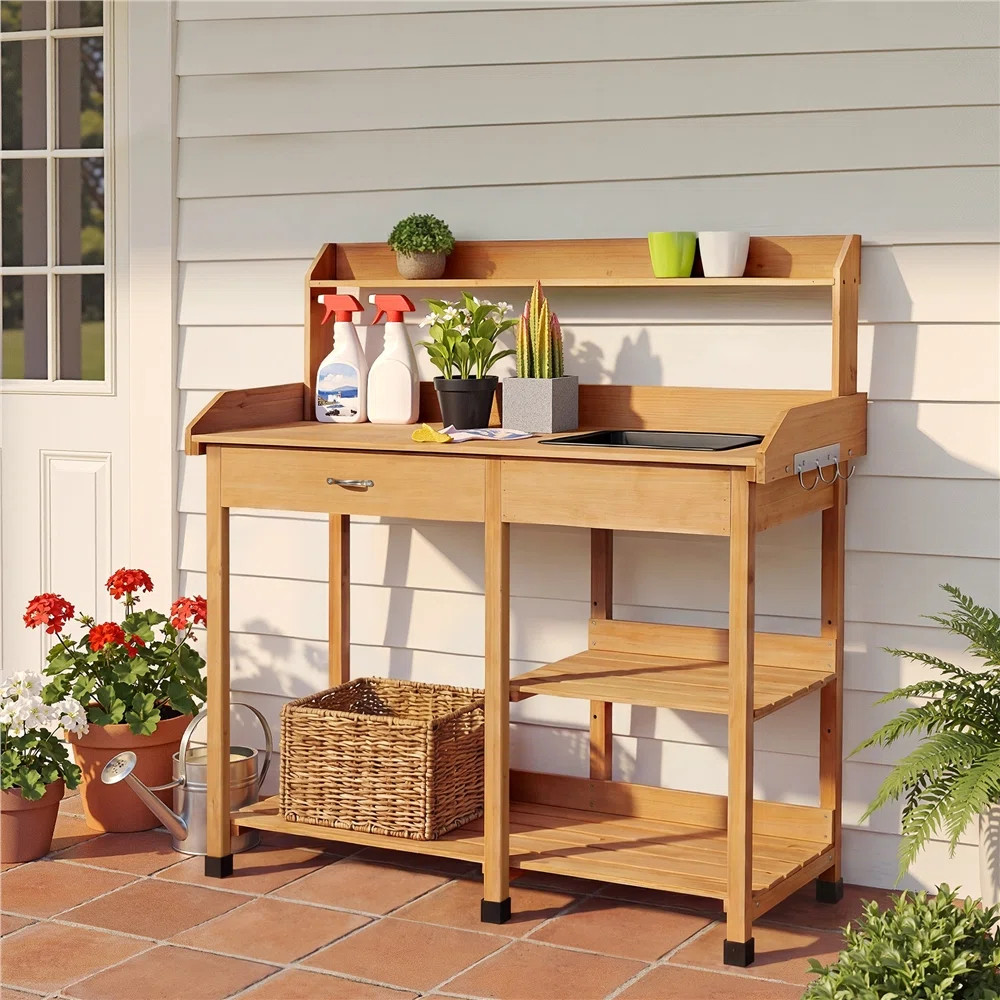 Burroughs Fir Wood Outdoor Potting Bench with Sink Drawer | Wayfair North America