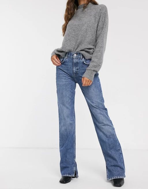 Pull&Bear split hem straight leg jeans in dark blue | ASOS (Global)
