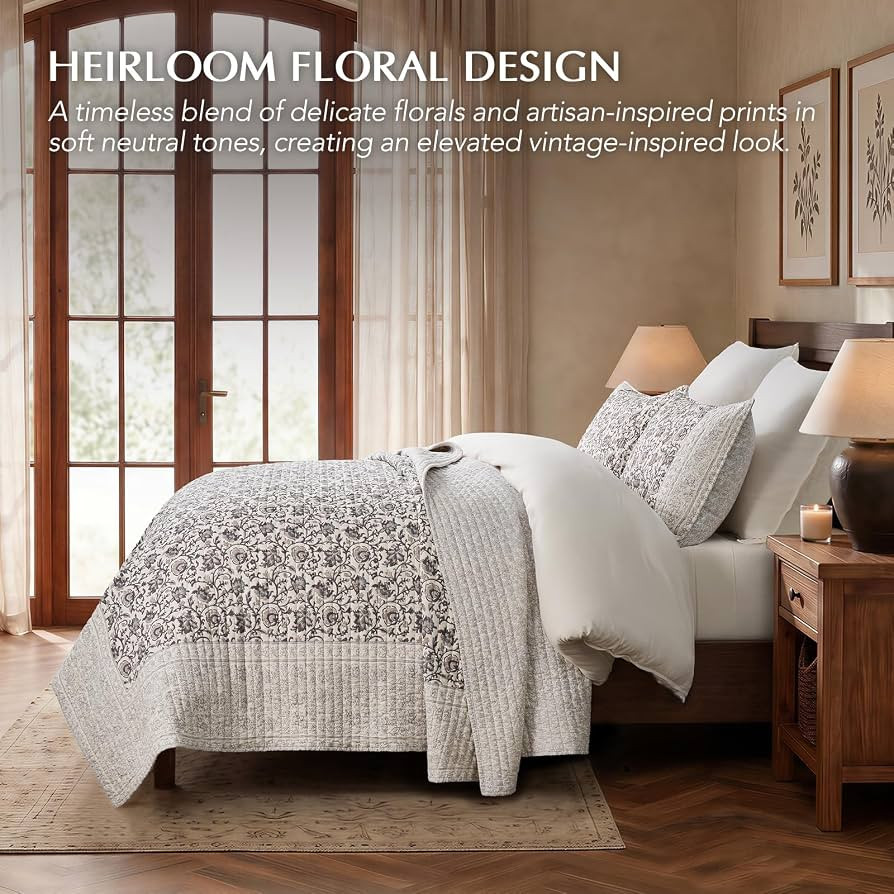 EverGrace 100% Cotton Floral Quilt Set, Queen Size, Taupe Warm Gray 96"\u00d792" | Amazon (US)
