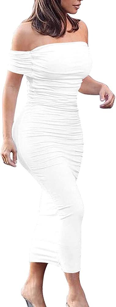 GOBLES Women's Ruched Off Shoulder Short Sleeve Bodycon Midi Elegant Cocktail Party Dress | Amazon (US)