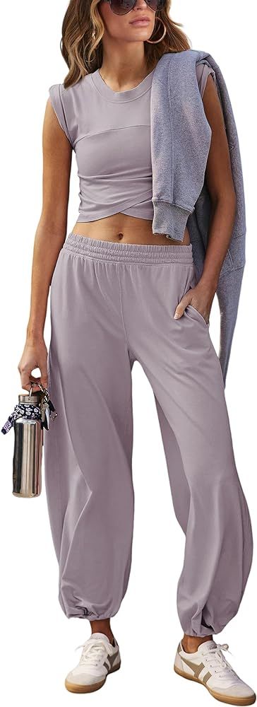 Womens 2 Piece Sweatsuits Sets Casual Workout Cropped Tee Top High Rise Sweatpants Athletic Track... | Amazon (US)