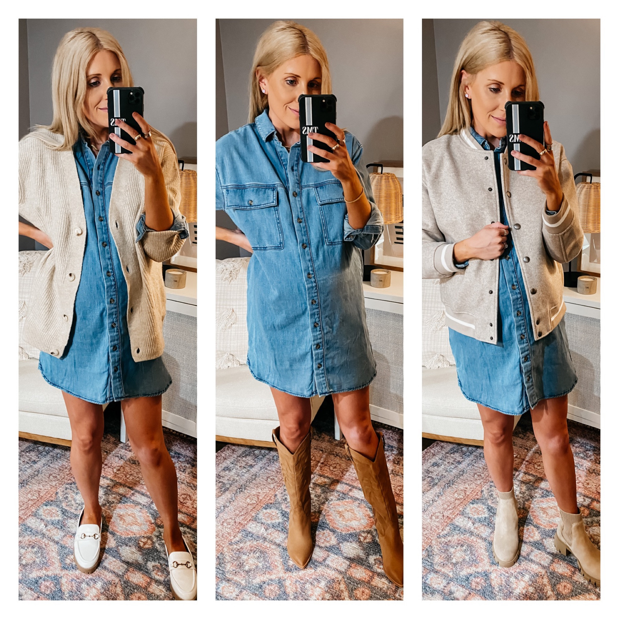 target denim dress for fall // fall dress // varsity bomber jacket style // fall cardigan and sweater // target loafers // dolce vita western boots // Steve Madden Chelsea boots 

everything runs true to size 

#LTKbump #LTKstyletip #LTKSeasonal