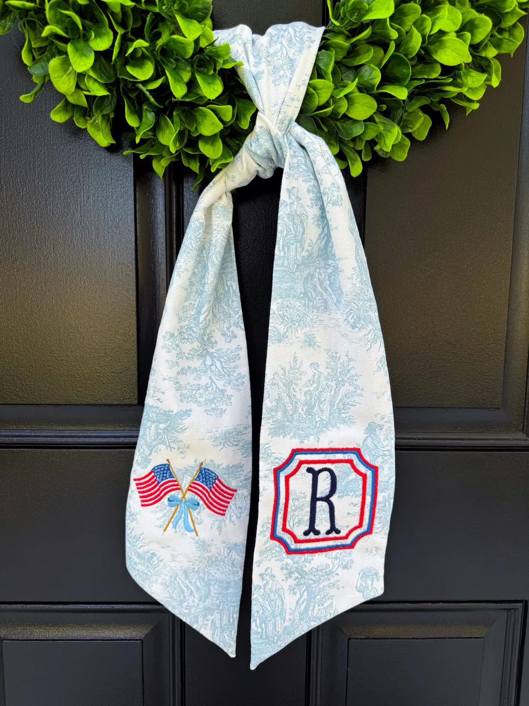Grandmillennial Americana 4th of July Blue Toile Wreath Sash - Etsy | Etsy (US)