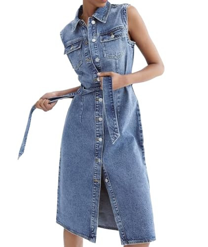 cffvdiz Women's Sexy Sleeveless Button Down Maxi Denim Dress Casual Jean Cardigan Dress with Belt,Blue,M | Amazon (US)