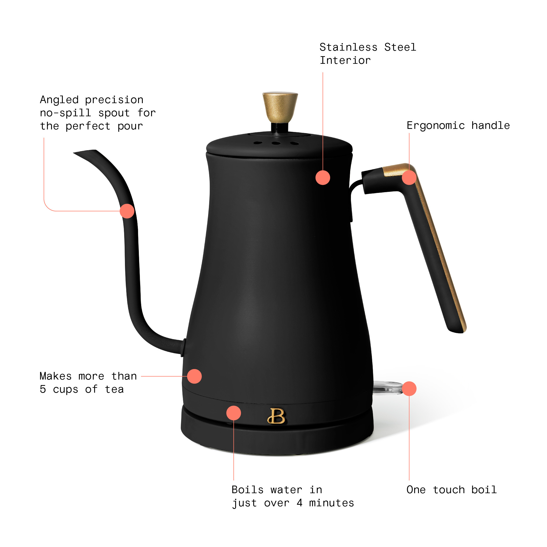 Beautiful 1-Liter Electric Gooseneck Kettle 1200 W, Black Sesame by Drew Barrymore - Walmart.com | Walmart (US)