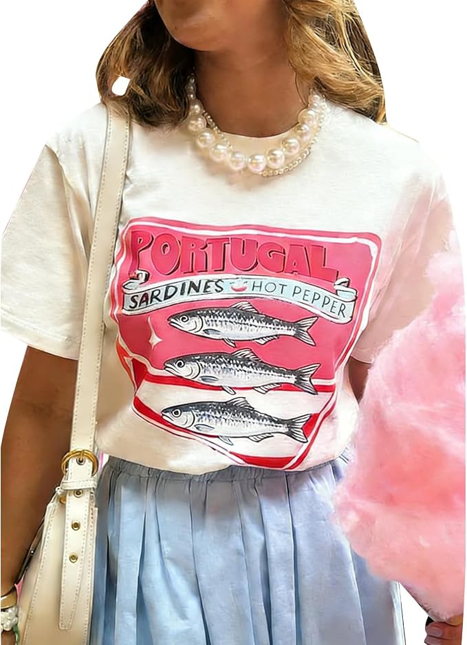 Women Cute Graphic Oversized Tees Fish Sardine Lobster Y2K Baggy T Shirts | Teen Girls Preppy Vin... | Amazon (US)