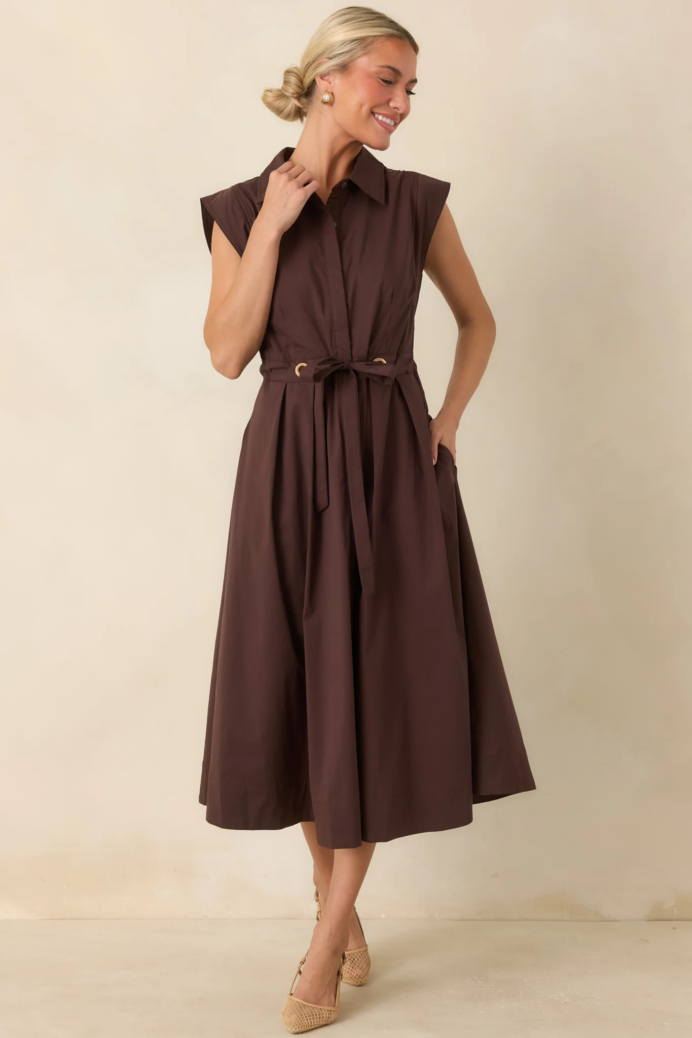 A Better Plan Brown Cotton Poplin Belted Midi Dress | Red Dress