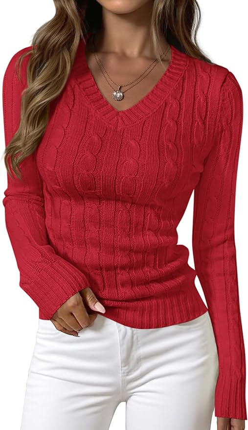 PRETTYGARDEN V Neck Cable Knit Sweaters for Women 2025 Long Sleeve Ribbed Fitted Pullover Tops Bu... | Amazon (US)