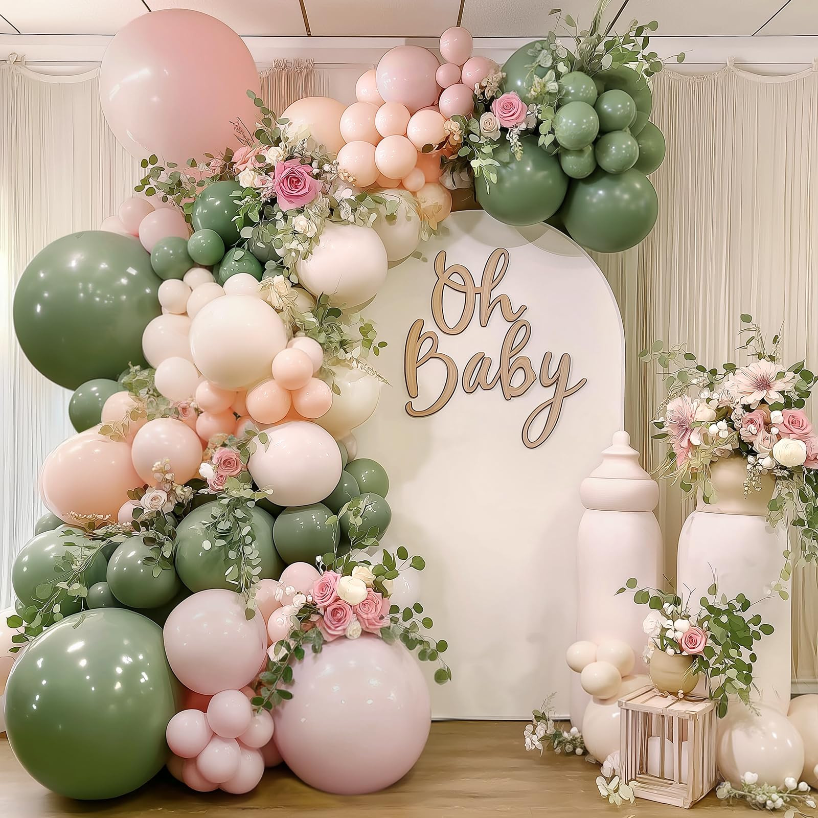 Pink and Green Neutral Balloon Arch Kit, Pink White Green Balloon Garland with Mixed Size Sage Gr... | Amazon (US)