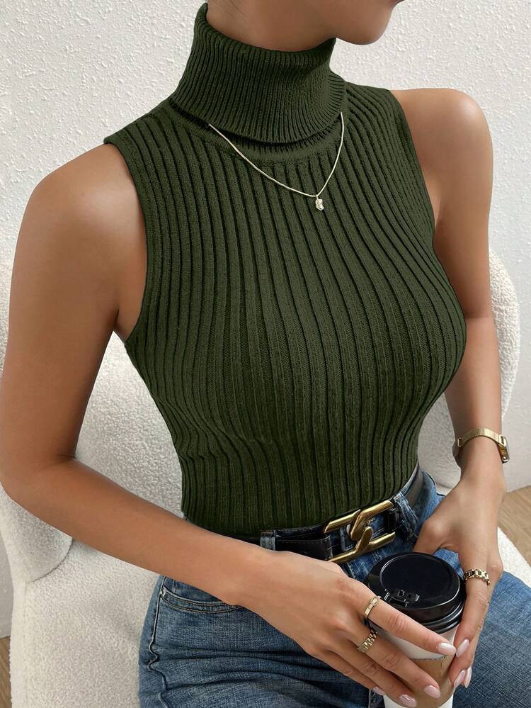 Chiquease Women's Casual Everyday Commute Simple Solid Color High Neck Sleeveless Fitted Knit Top... | SHEIN