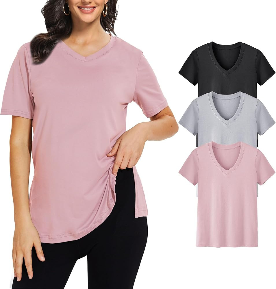 3 Pack V Neck T Shirt for Women Plus Size, Short Sleeve Casual Tops Summer 2025 Basic Tees | Amazon (US)