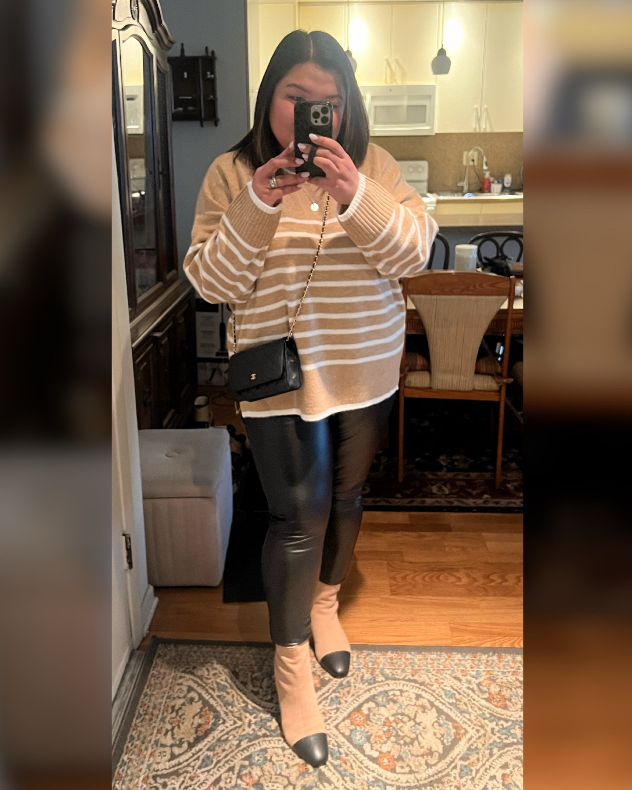 Absolutely love this black and beige combo! 

Faux leather leggings
Dress boots 
Beige stripe weather 

Boots are true to size and wearing XL on the pants and sweater. 

#LTKSeasonal #LTKplussize #LTKworkwear