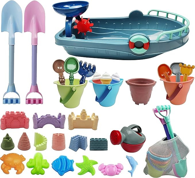 IOKUKI Long Shovels Sand Toys Set with Mesh Bag Including Bath Boat, Castle Building Kit Beach Bu... | Amazon (US)