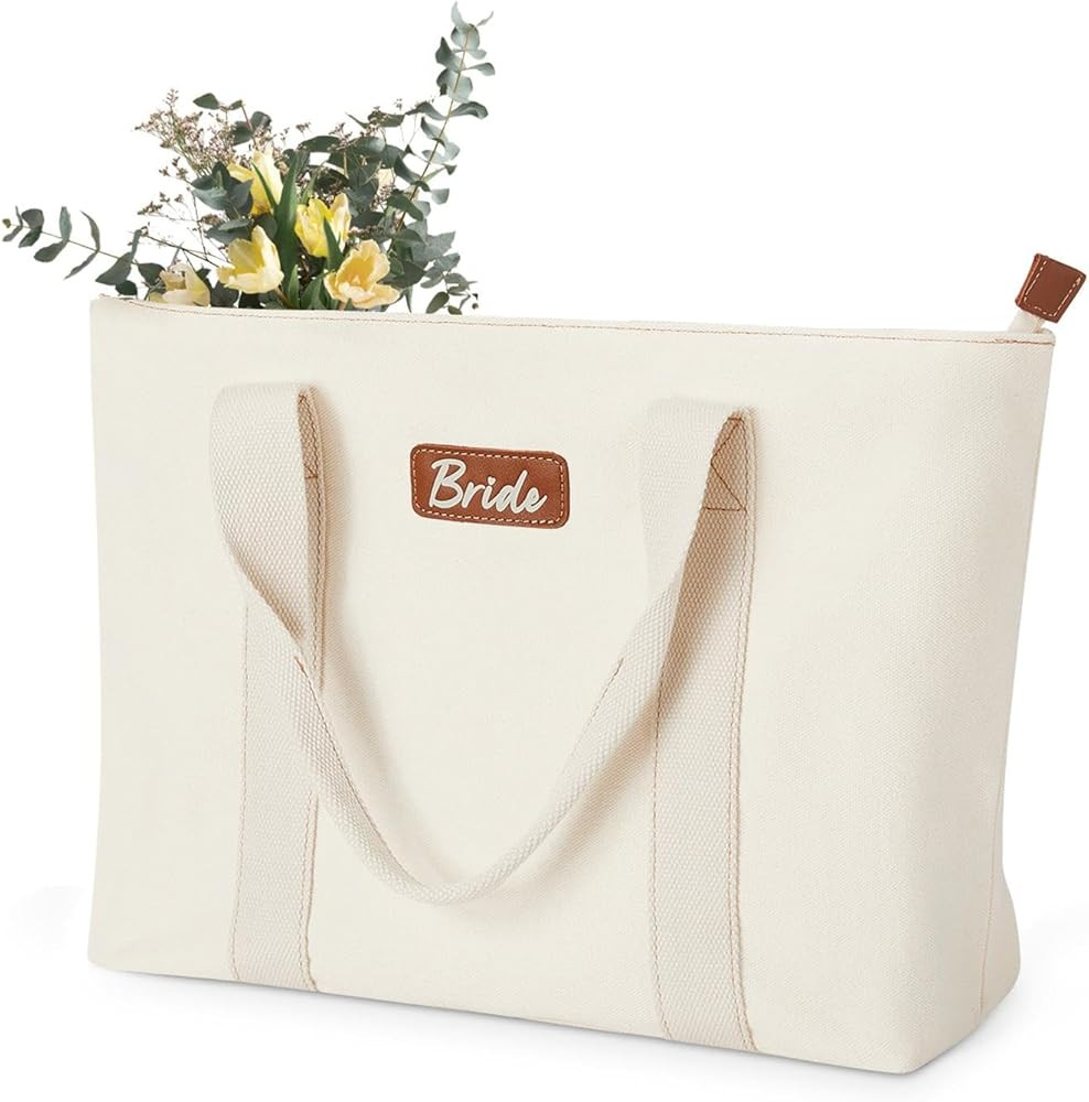 AW BRIDAL Monogram Canvas Tote Bag - Bride Mrs Wifey Gifts for Bride to Be, Large Zippered Gift B... | Amazon (US)