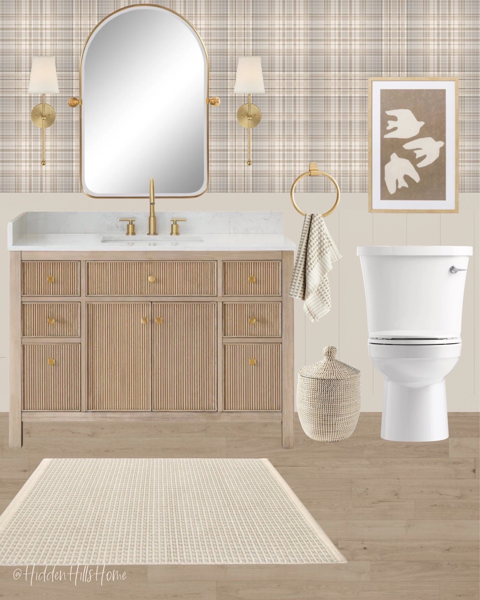 Bathroom decor mood board! Bathroom design, home decor, bathroom inspiration, powder bath, wallpaper, vanity, mirrors, bath mat #bathroom
Wall color is SW Accessible Beige 

#LTKBeauty #LTKHome #LTKSaleAlert