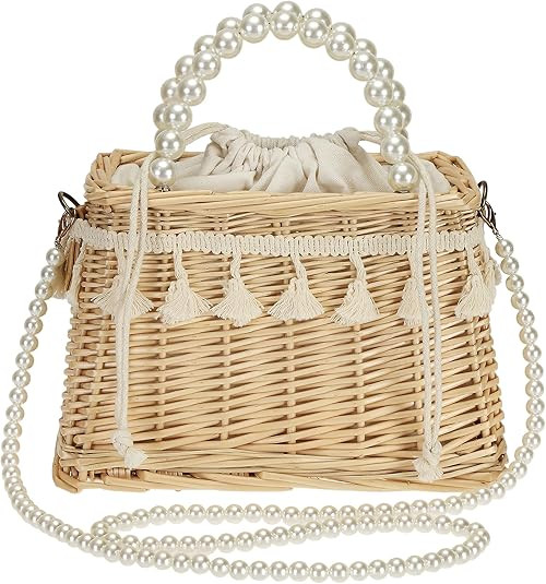 So'each Women's Handmade Rattan Wicker Lace Woven Artificial Pearl Shoulder Bag | Amazon (US)