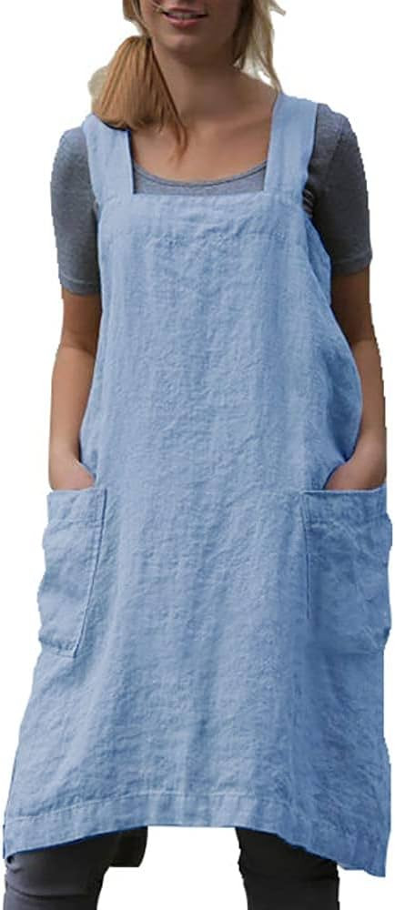 Cotton Linen Apron for women Cross Back Apron Pinafore Dress for Baking Cooking Gardening Work | Amazon (US)