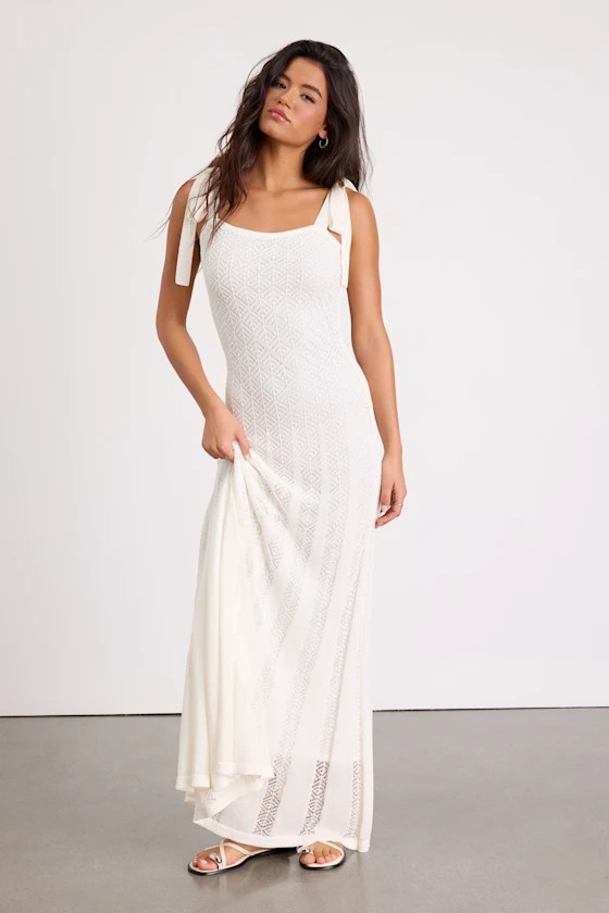 Fawn White Crochet Tie-Strap Maxi Dress | white vacation dress | white beach dress | Lulus