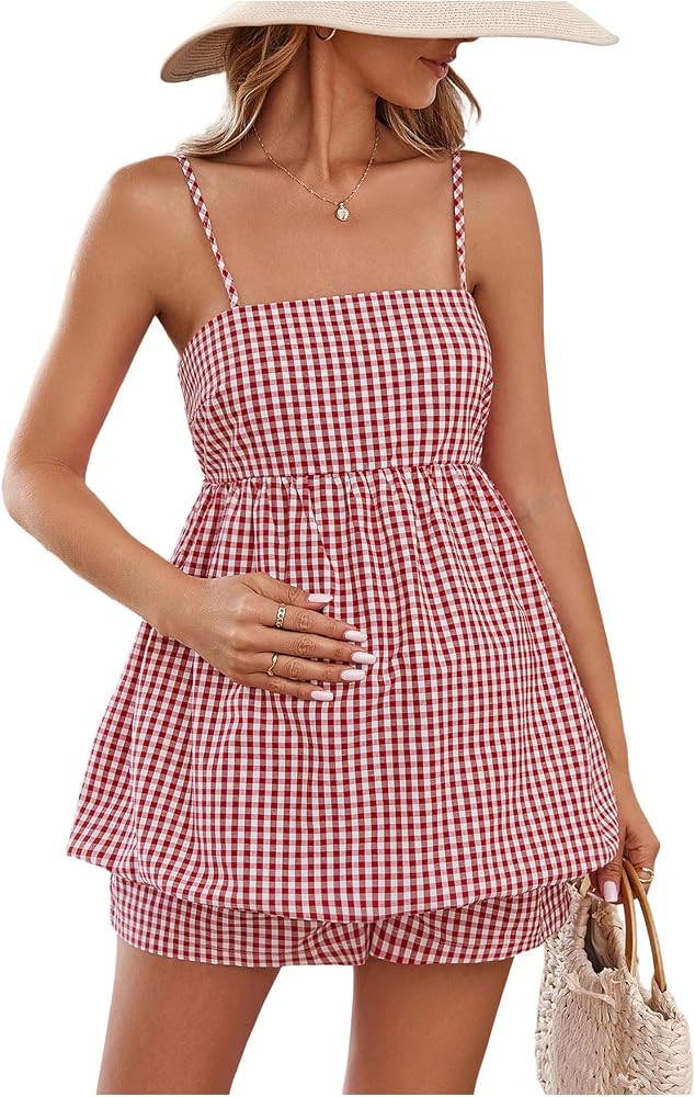 SweatyRocks Women's Maternity 2 Piece Outfits Plaid Peplum Bubble Cami Top and Shorts Sets | Amazon (US)