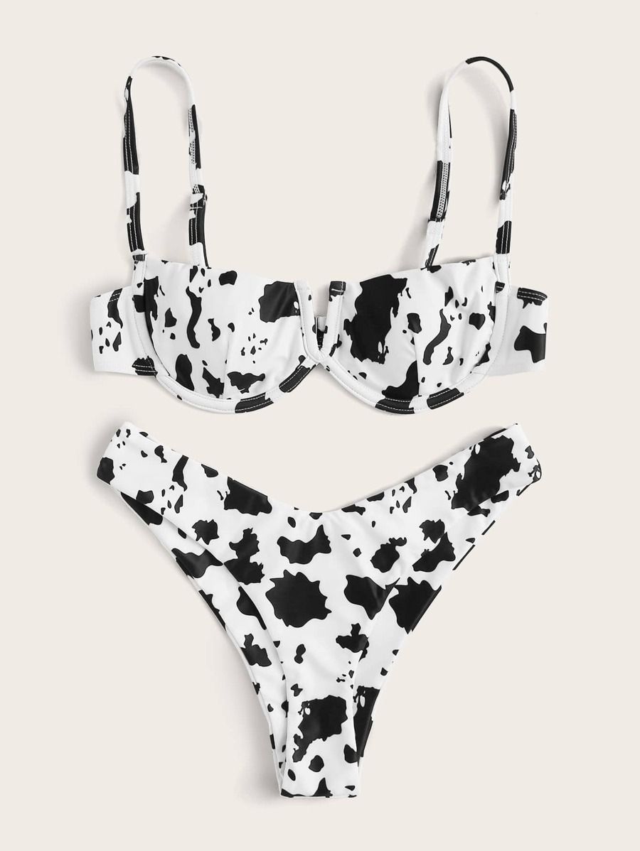 V-wired Random Cow High Leg Bikini Swimsuit | SHEIN