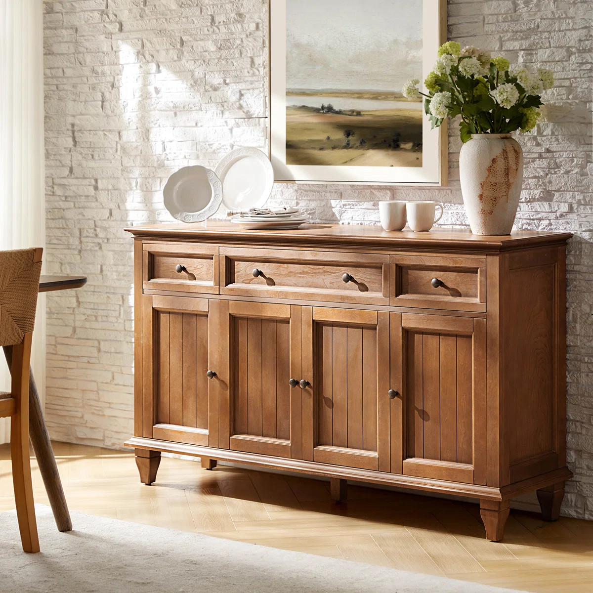 Alvieri Farmhouse 58" W 3-Drawer 4-Cabinet Sideboard with Solid Wood Legs | Wayfair North America