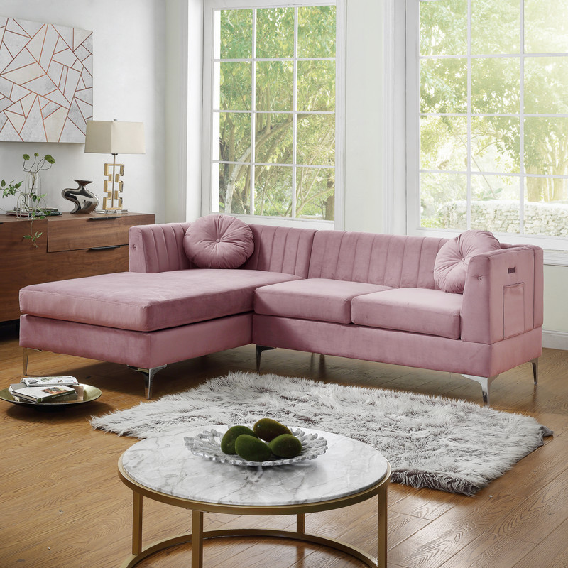Chloe Pink Velvet Sectional Sofa Chaise With Usb Charging Port | 1stopbedrooms
