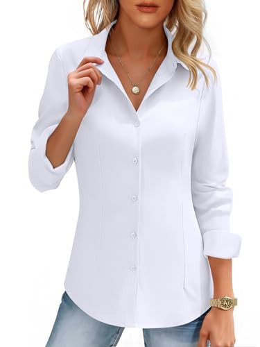 HOTOUCH Womens White Button Down Dress Shirt Solid Long Sleeve Basic Collared Button-up V Neck Fitted Work Blouses Tops | Amazon (US)