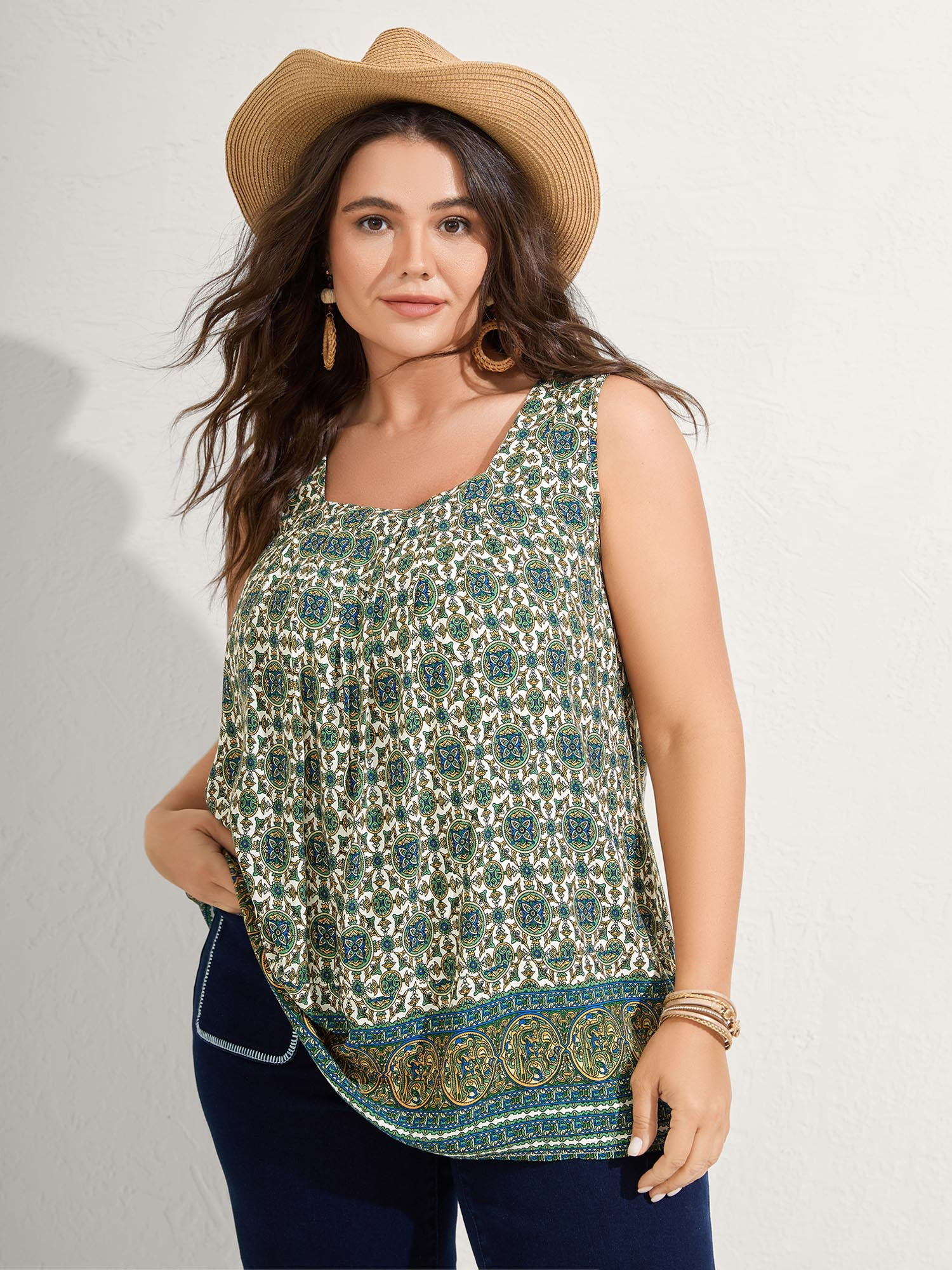 Floral Print Pleated Neckline Tank Top | Bloomchic