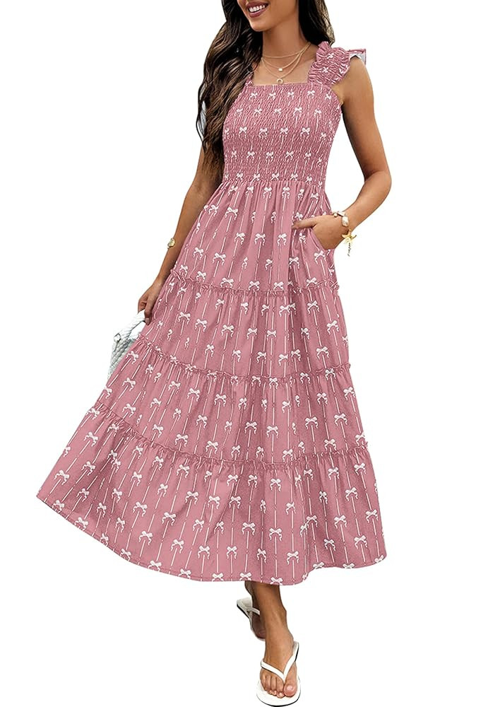 ECOWISH Women's 2025 Summer Maxi Dress Casual Sleeveless Square Neck Smocked Ruffle Bow Tiered Fl... | Amazon (US)