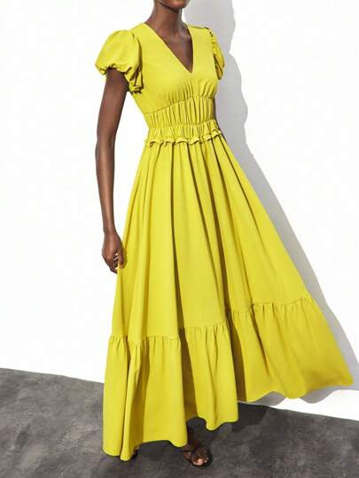 Maija Women's Autumn/Winter Elastic Waist Shirred Puff Sleeve Flared Hem Sundress, Loose & Comfor... | SHEIN