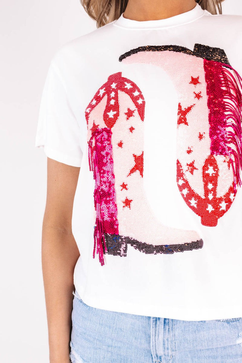 Queen Of Sparkles Fringe Boot Tee - Pink | The Impeccable Pig