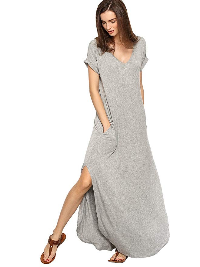 Verdusa Women's V Neck Side Pockets Split Hem Beach Long Maxi Dress | Amazon (US)