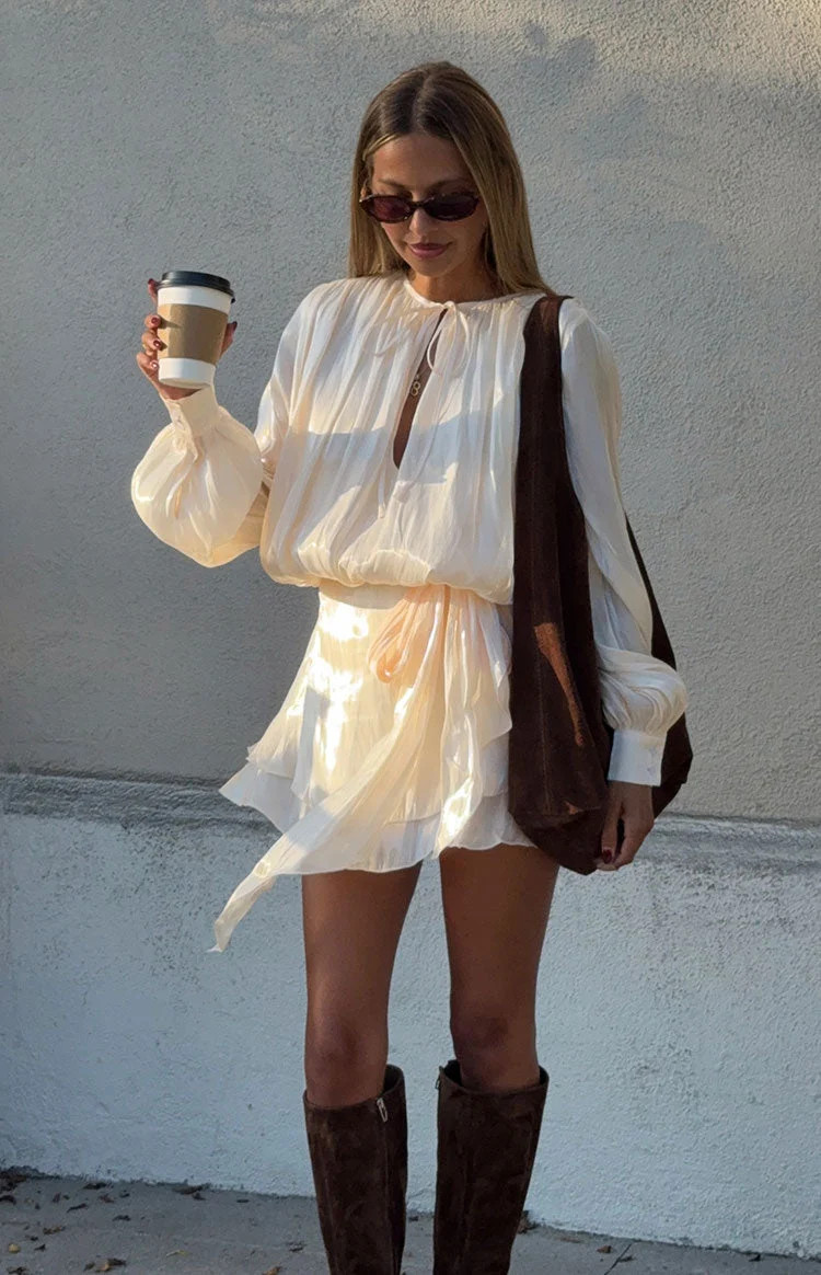Quinton Pearl Satin Long Sleeve Tie Mini Dress | Beginning Boutique (US)