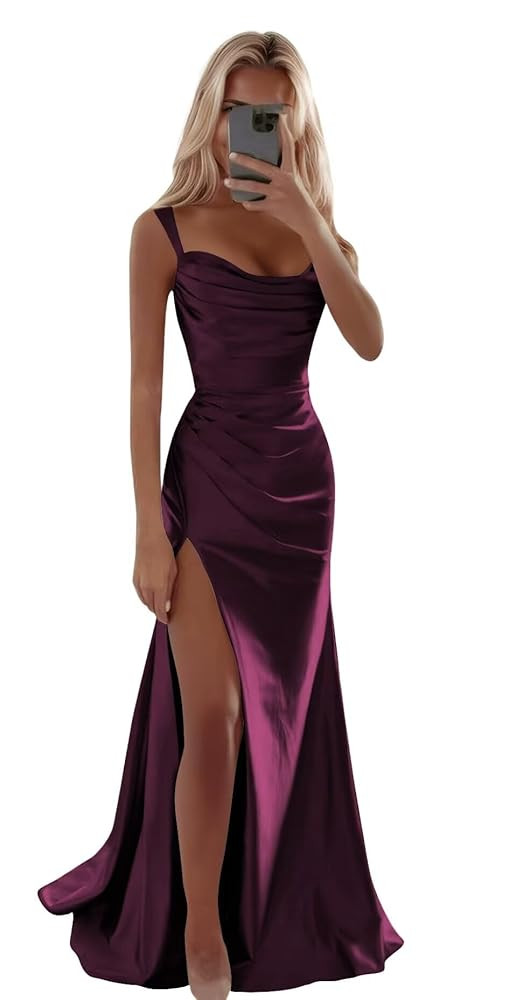 Women's Spaghetti Strap Satin Bridesmaid Dresses 2025 Simple Square Neck Tight Formal Prom Dress ... | Amazon (US)