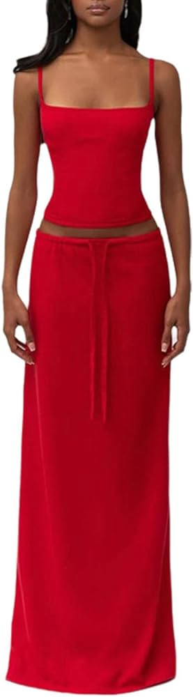 Wuitrie Maxi Skirt Set Women 2 Piece Outfits Sleeveless Spaghetti Strap Top Drawstring Maxi Skirt... | Amazon (US)