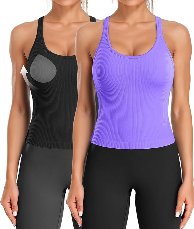 ATTRACO Women Ribbed Workout Crop Tops with Built in Bra Yoga Racerback Tank Top Tight Fit | Amazon (US)