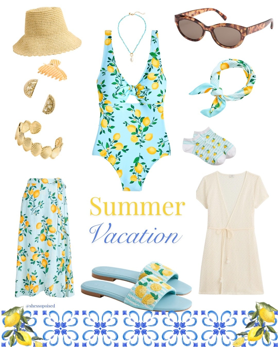 vacation outfits beach - The lemon print on this bathing suit, skirt and scarf is so pretty. How cute are these lemon beaded slide sandals! 

#LTKTravel #LTKSaleAlert #LTKSwim