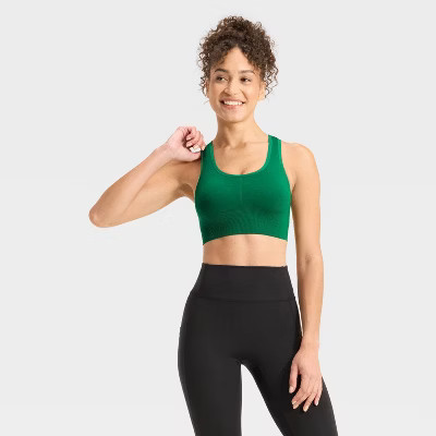 Women's Seamless Medium Support Racerback Sports Bra - All In Motion™ Dark Green 1X | Target