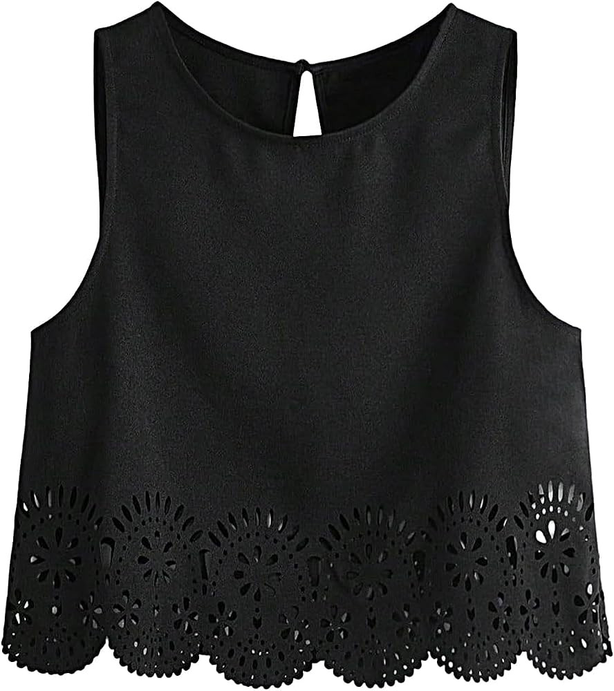 Remidoo Women's Scallop Trim Crop Tank Top Summer Keyhole Back Cropped Sleeveless Blouse | Amazon (US)
