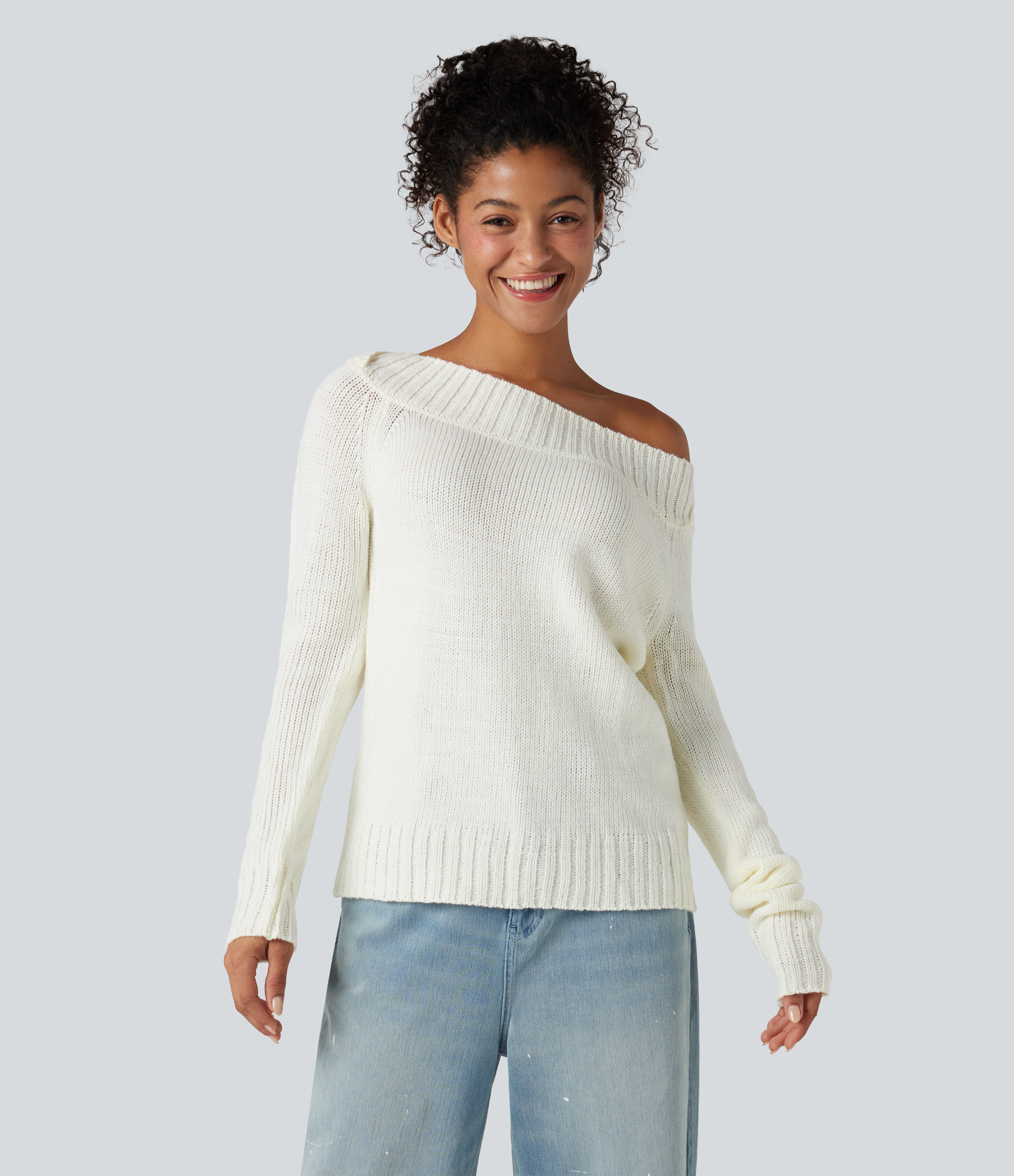 Halara One Shoulder Long Sleeve Casual Sweater - Coconut White - XL | HALARA