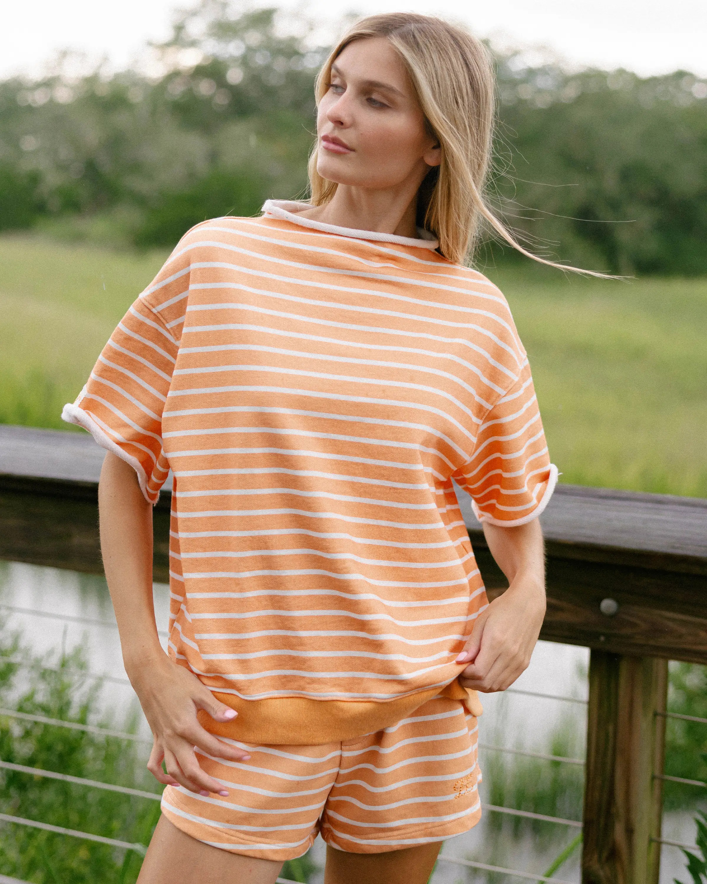 Short Sleeve Roll Neck Sweatshirt in Twist Stripe | Eleven Eleven