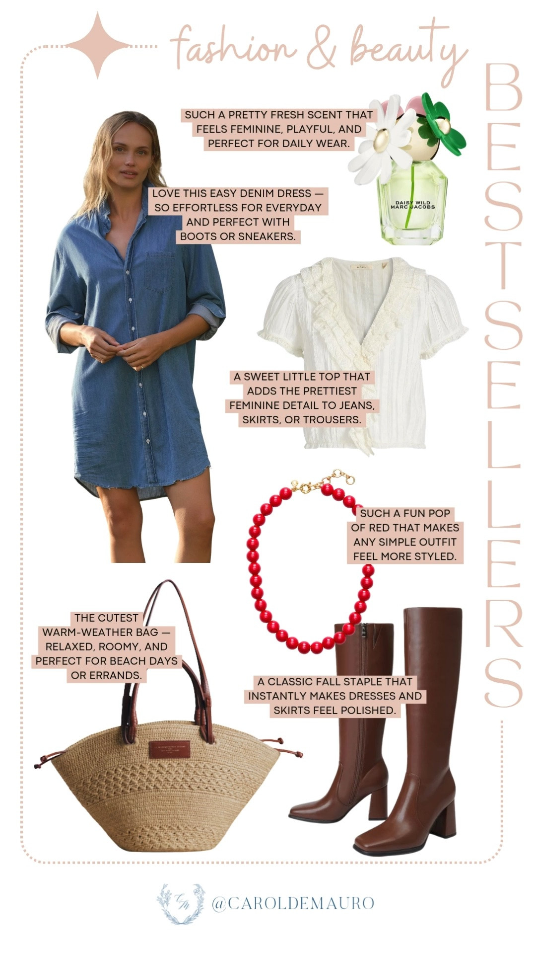 fashion and beauty weekly bestsellers, follower favorites, marc jacobs perfume, denim shirtdress, ruffled top, red necklace, woven tote, knee high boots, wardrobe staples, signature scent, fashion aceessories

#LTKootd #LTKBeauty