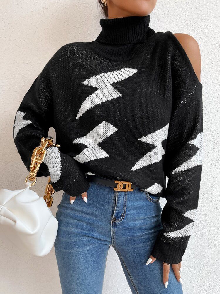 Lightning Pattern Turtle Neck Sweater | SHEIN