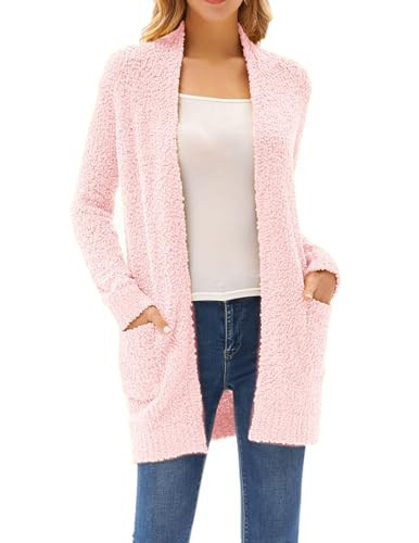 GRACE KARIN Womens Cardigans Fuzzy Chunky Knit Long Sweater Pink Soft Fleece Cardigan Sweater with Pocket Light Pink M | Amazon (US)